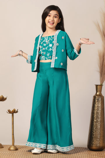 Girl's Silk Blend Teal Embroidered Crop Top, Palazzo and Embroidered Jecket Indo western Set for Girls