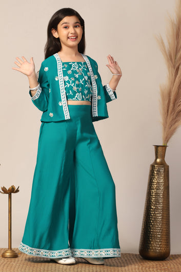 Girl's Silk Blend Teal Embroidered Crop Top, Palazzo and Embroidered Jecket Indo western Set for Girls