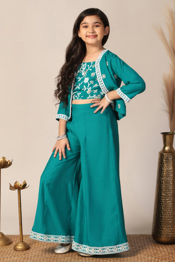 Girl's Silk Blend Teal Embroidered Crop Top, Palazzo and Embroidered Jecket Indo western Set for Girls