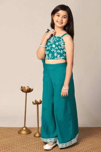 Girl's Silk Blend Teal Embroidered Crop Top, Palazzo and Embroidered Jecket Indo western Set for Girls