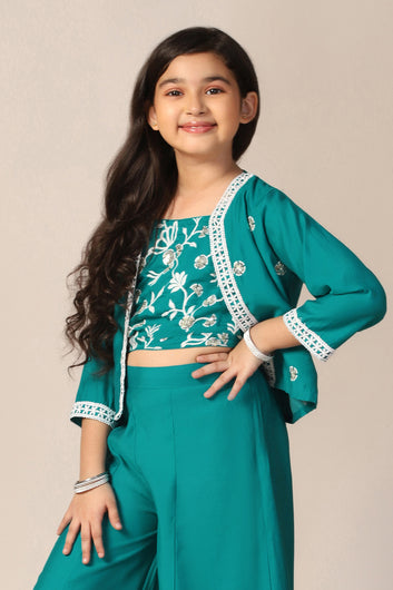 Girl's Silk Blend Teal Embroidered Crop Top, Palazzo and Embroidered Jecket Indo western Set for Girls