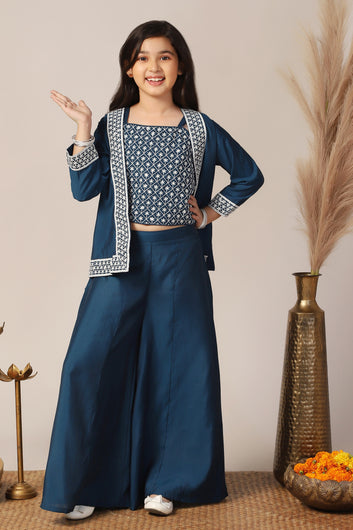 Girl's Silk Blend Blue Embroidered Crop Top, Palazzo and Embroidered Jecket Indo western Set for Girls