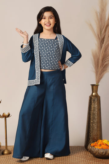 Girl's Silk Blend Blue Embroidered Crop Top, Palazzo and Embroidered Jecket Indo western Set for Girls