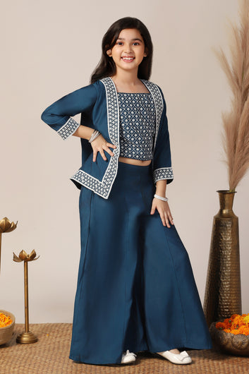 Girl's Silk Blend Blue Embroidered Crop Top, Palazzo and Embroidered Jecket Indo western Set for Girls