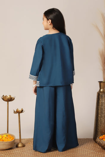 Girl's Silk Blend Blue Embroidered Crop Top, Palazzo and Embroidered Jecket Indo western Set for Girls