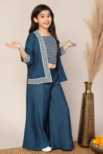 Girl's Silk Blend Blue Embroidered Crop Top, Palazzo and Embroidered Jecket Indo western Set for Girls