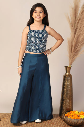 Girl's Silk Blend Blue Embroidered Crop Top, Palazzo and Embroidered Jecket Indo western Set for Girls