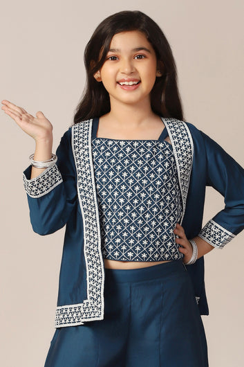 Girl's Silk Blend Blue Embroidered Crop Top, Palazzo and Embroidered Jecket Indo western Set for Girls