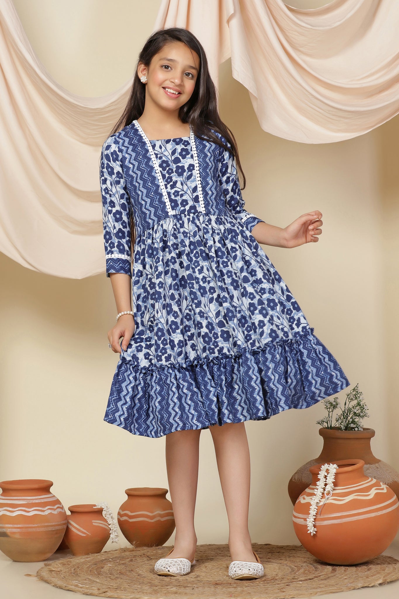 Girls Blue Slub Floral Printed Knee Length Dress