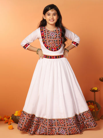 Girls White Cotton Blend Emroidered Readymade Lehenga With Choli Set