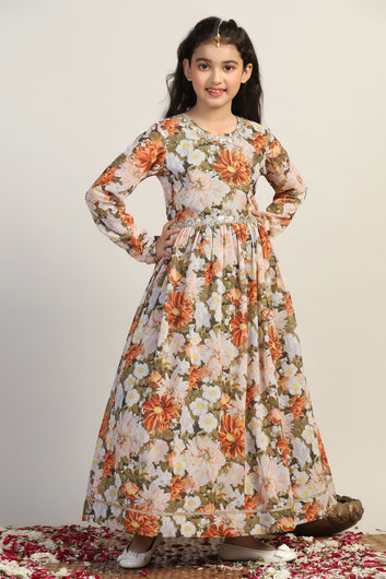 Girls Multicolor Georgette Floral Printed Maxi Length Dress