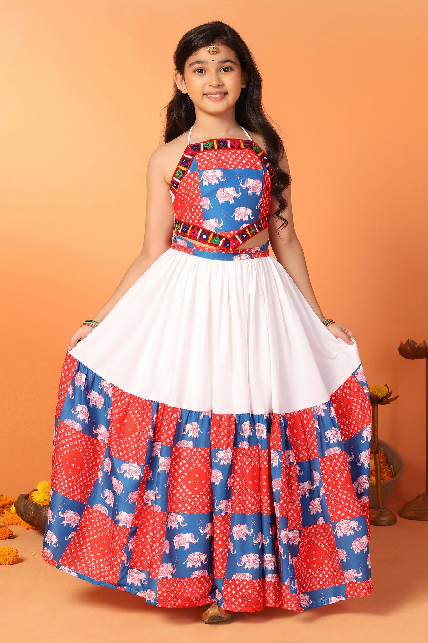 Girls White Cotton Blend Printed Readymade Lehenga With Choli Set