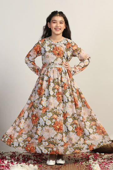 Girls Multicolor Georgette Floral Printed Maxi Length Dress