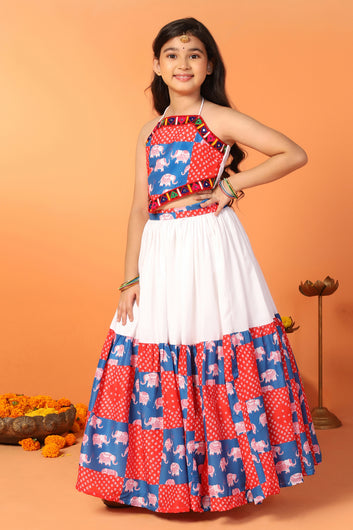 Girls White Cotton Blend Printed Readymade Lehenga With Choli Set