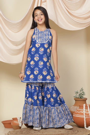 Girls Blue Cotton Blend Straight Kurta With Sharara Set