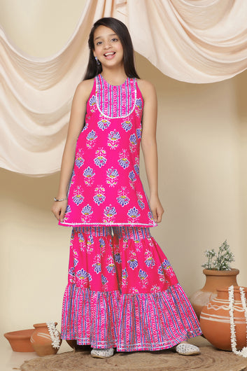 Girls Pink Slub Floral Printed A-Line Kurta With Sharara Set