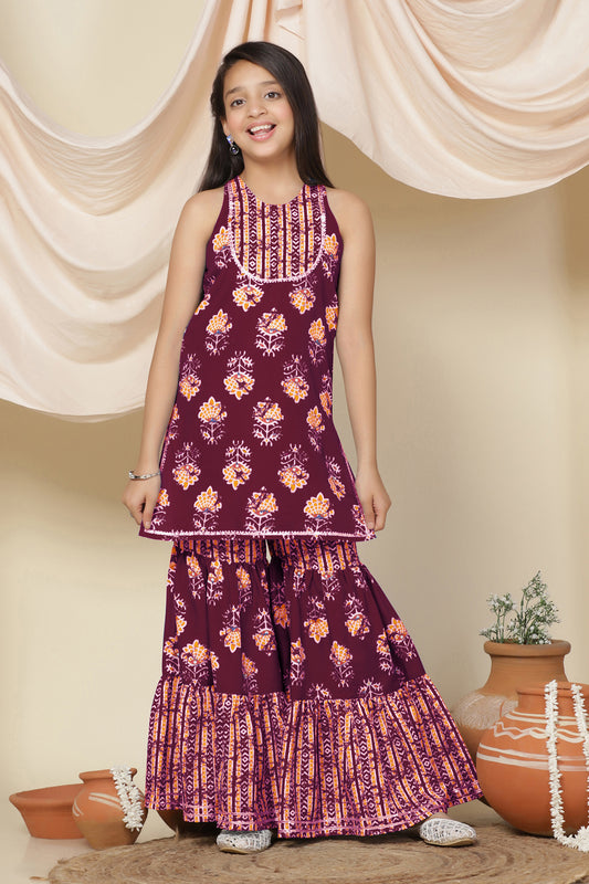 Girls Maroon Slub Floral Printed A-Line Kurta With Sharara Set