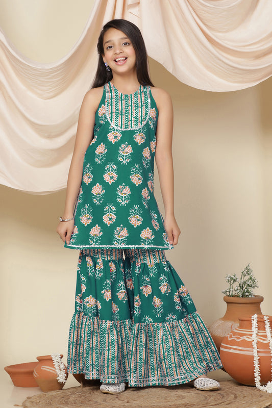 Girls Turquoise Slub Floral Printed A-Line Kurta With Sharara Set