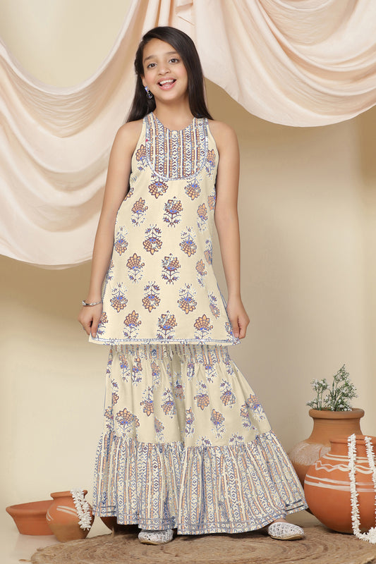 Girls Beige Slub Floral Printed A-Line Kurta With Sharara Set