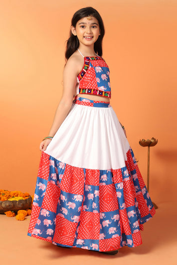 Girls White Cotton Blend Printed Readymade Lehenga With Choli Set