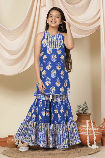 Girls Blue Cotton Blend Straight Kurta With Sharara Set