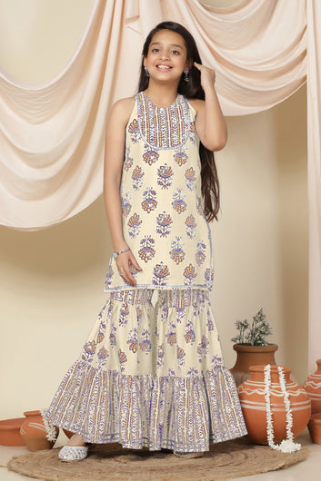 Girls Beige Slub Floral Printed A-Line Kurta With Sharara Set