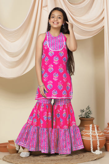 Girls Pink Slub Floral Printed A-Line Kurta With Sharara Set