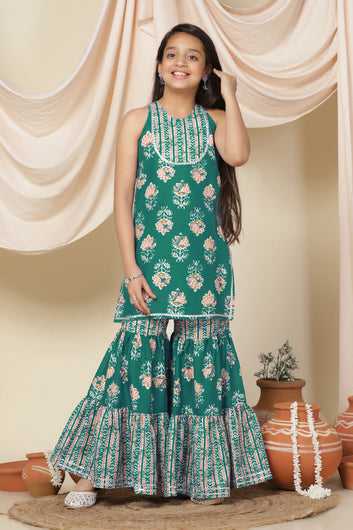 Girls Turquoise Slub Floral Printed A-Line Kurta With Sharara Set