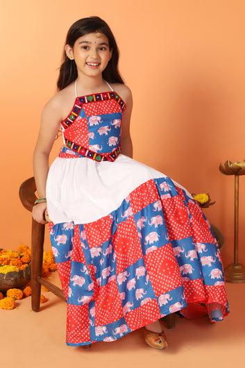 Girls White Cotton Blend Printed Readymade Lehenga With Choli Set