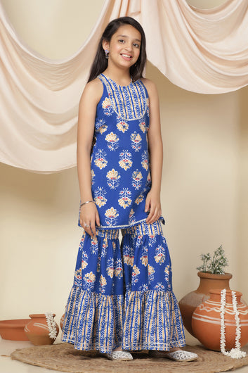 Girls Blue Cotton Blend Straight Kurta With Sharara Set