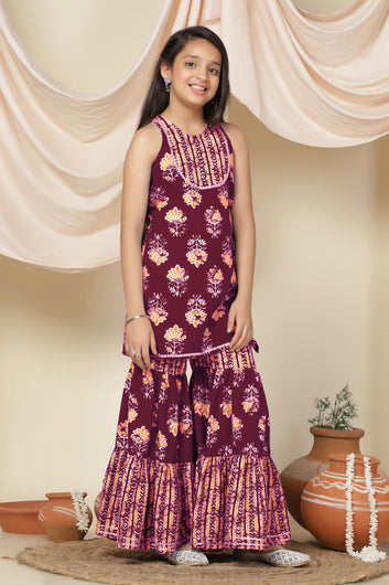 Girls Maroon Slub Floral Printed A-Line Kurta With Sharara Set