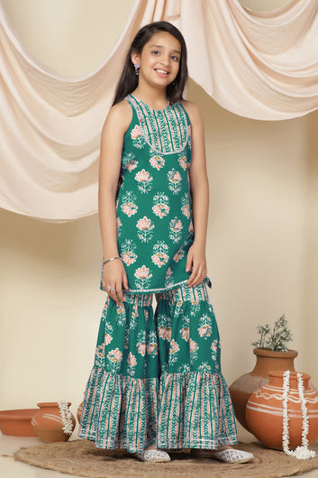 Girls Turquoise Slub Floral Printed A-Line Kurta With Sharara Set