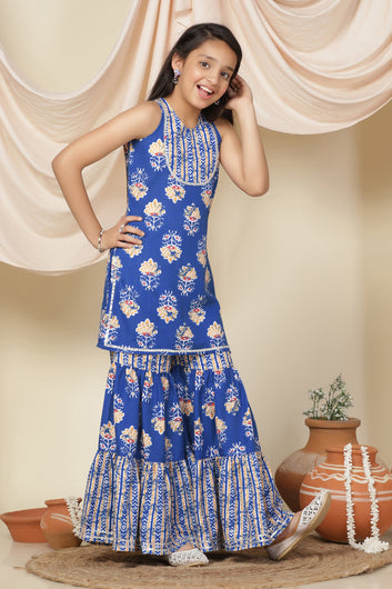 Girls Blue Cotton Blend Straight Kurta With Sharara Set