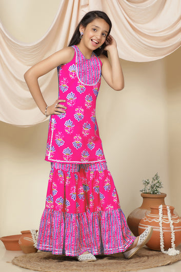 Girls Pink Slub Floral Printed A-Line Kurta With Sharara Set