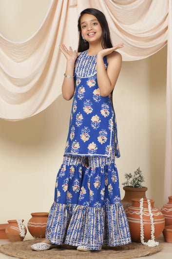 Girls Blue Cotton Blend Straight Kurta With Sharara Set