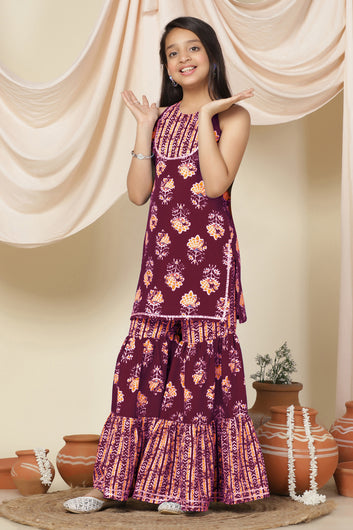 Girls Maroon Slub Floral Printed A-Line Kurta With Sharara Set