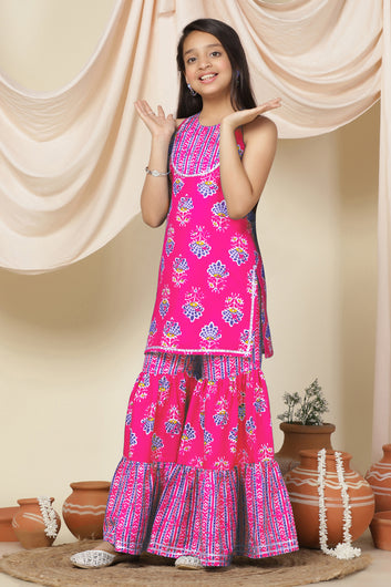 Girls Pink Slub Floral Printed A-Line Kurta With Sharara Set