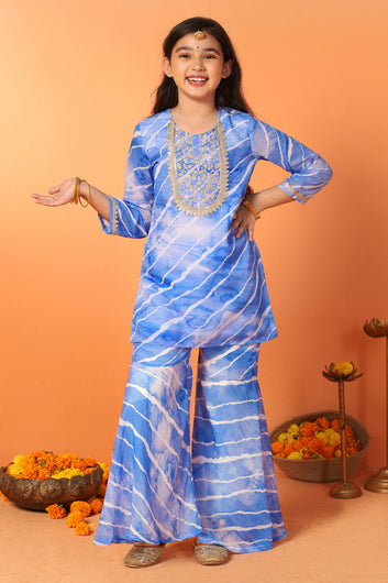 Girls Blue Georgette Stripe Printed Straight Kurta With Sharara Set