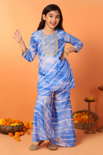 Girls Blue Georgette Stripe Printed Straight Kurta With Sharara Set