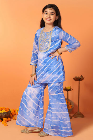 Girls Blue Georgette Stripe Printed Straight Kurta With Sharara Set