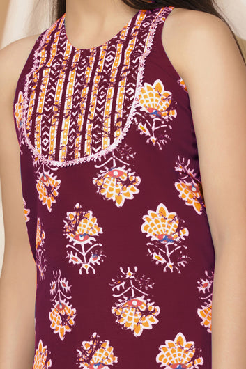 Girls Maroon Slub Floral Printed A-Line Kurta With Sharara Set