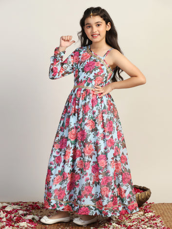Girls Light Blue Georgette Floral Printed One Shoulder Maxi Dress
