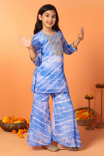 Girls Blue Georgette Stripe Printed Straight Kurta With Sharara Set