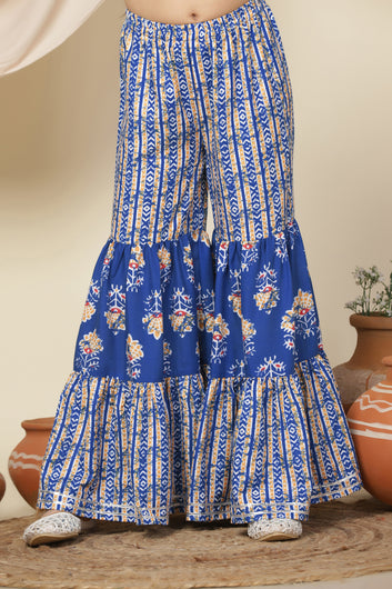 Girls Blue Cotton Blend Straight Kurta With Sharara Set