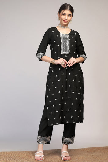 Womens Black Cotton Blend Bandhani Printed Calf Length Kurta And Trouser With Dupatta Set