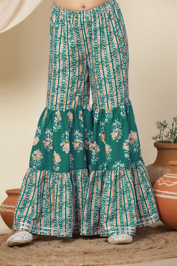 Girls Turquoise Slub Floral Printed A-Line Kurta With Sharara Set