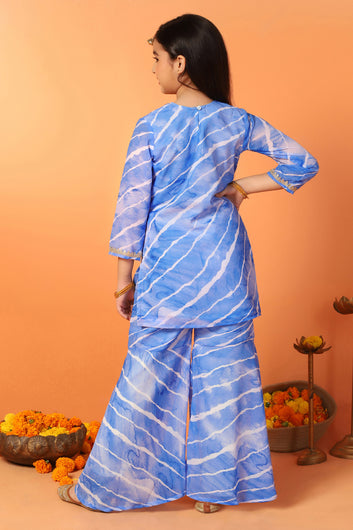 Girls Blue Georgette Stripe Printed Straight Kurta With Sharara Set