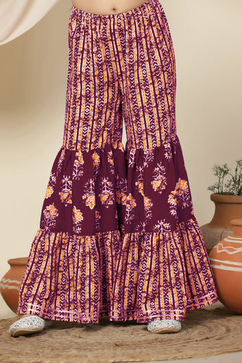 Girls Maroon Slub Floral Printed A-Line Kurta With Sharara Set