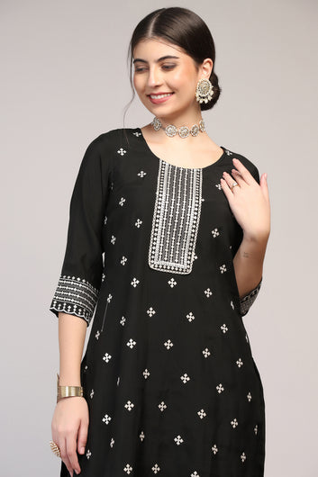 Womens Black Cotton Blend Bandhani Printed Calf Length Kurta And Trouser With Dupatta Set