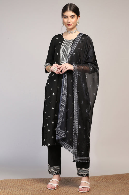 Womens Black Cotton Blend Bandhani Printed Calf Length Kurta And Trouser With Dupatta Set